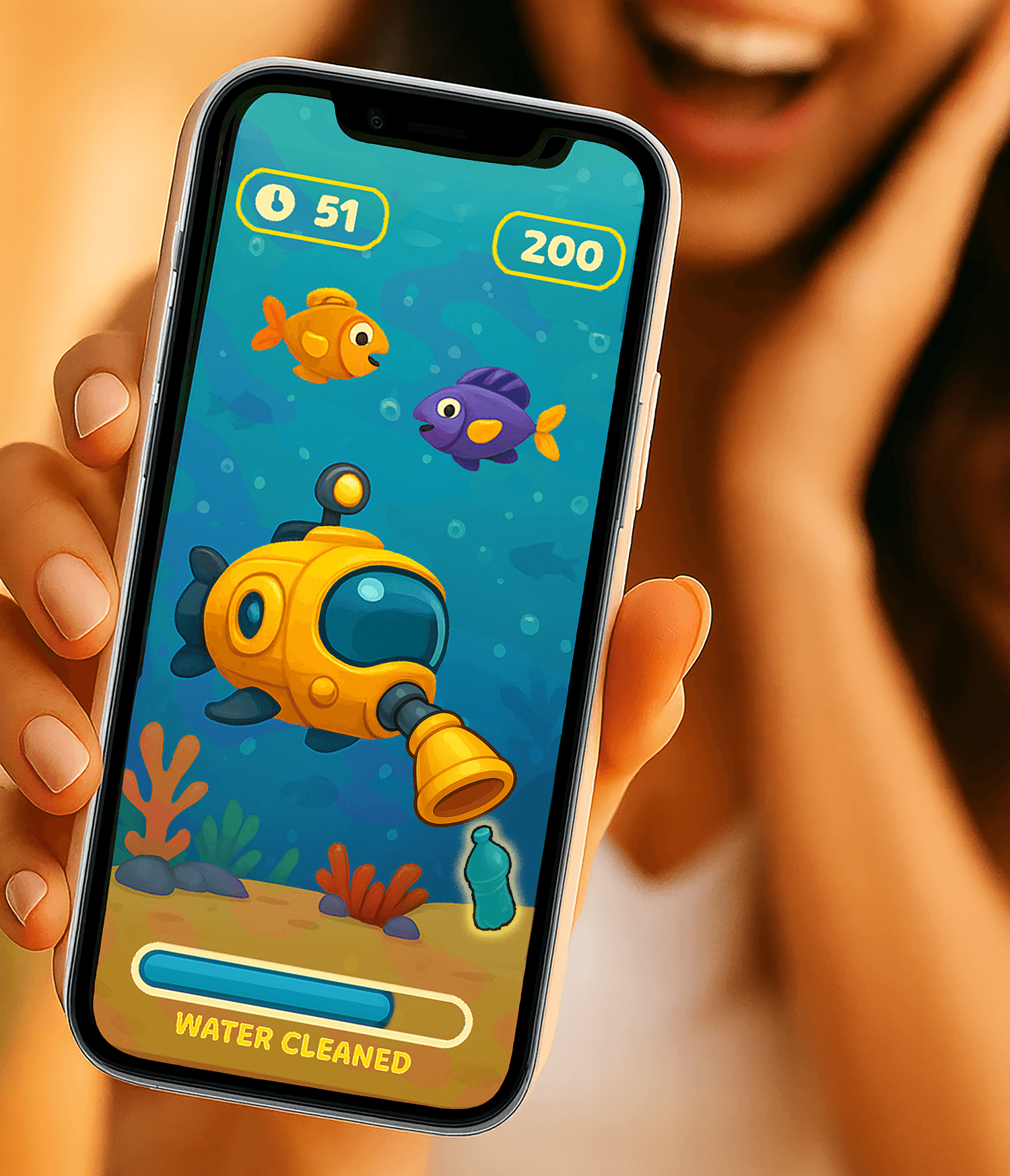 WaveWerk ocean game artwork on a phone, with a yellow submarine exploring a colourful underwater world